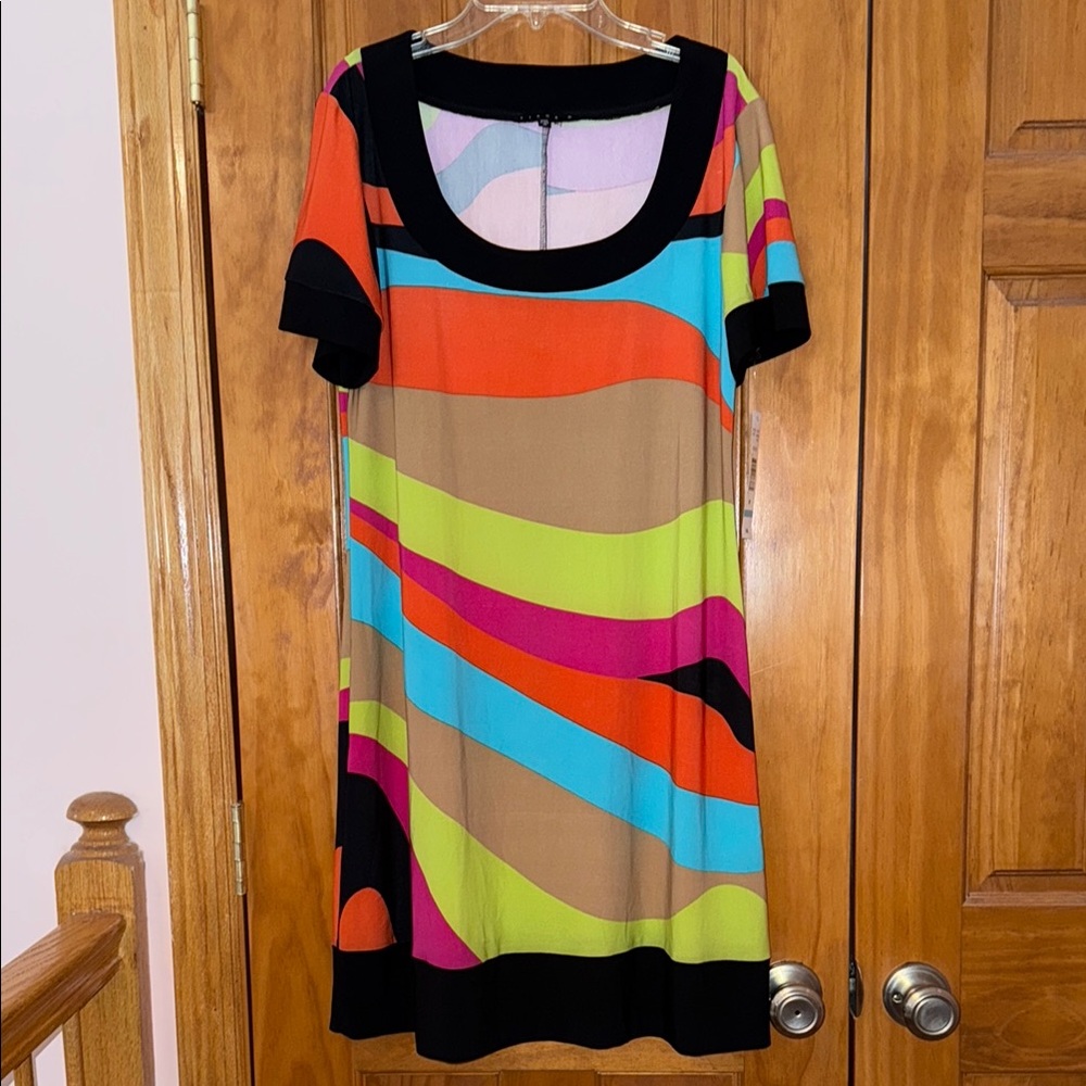 Tiana B. Groovy Retro Hippie 70s Multicolor Dress, Black Pink Orange Green Teal